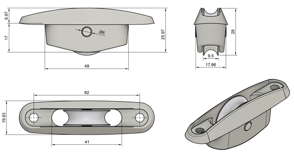 Delrin sheave box with 22mm delrin sheave